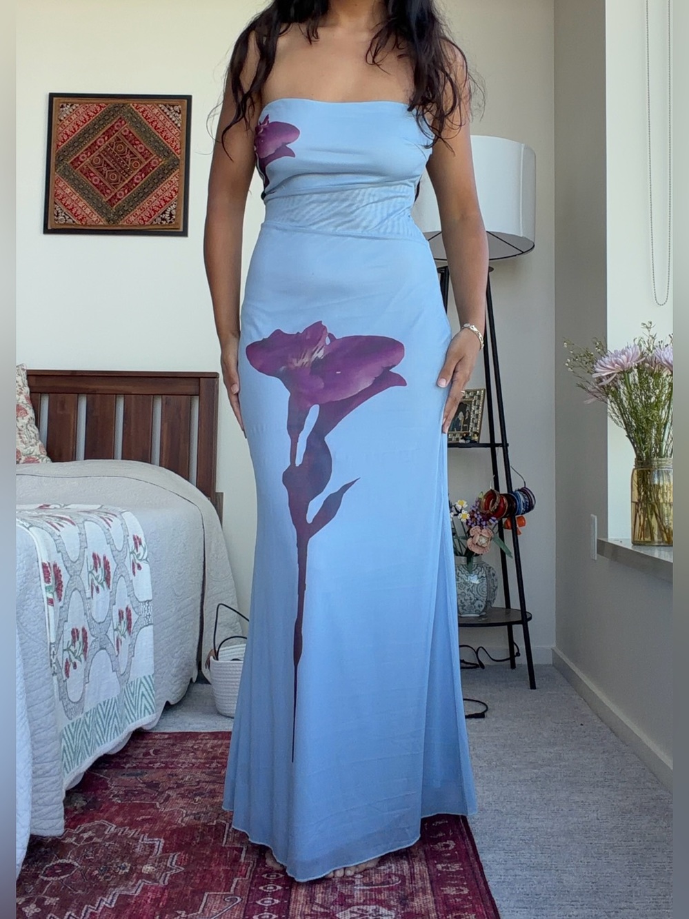 Strapless Light Blue Floral Maxi Dress